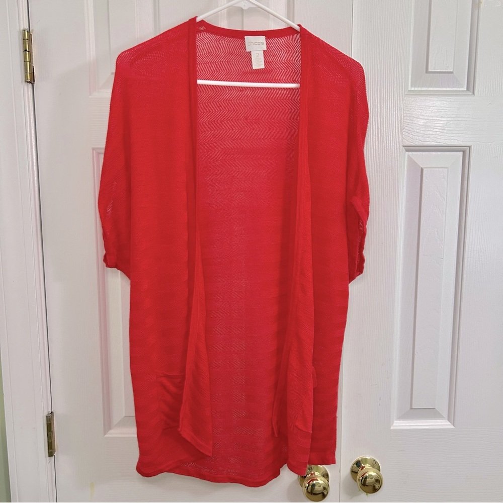 Chico's Lightweight Tomato Red Open Front Cocoon Cardigan Size Large